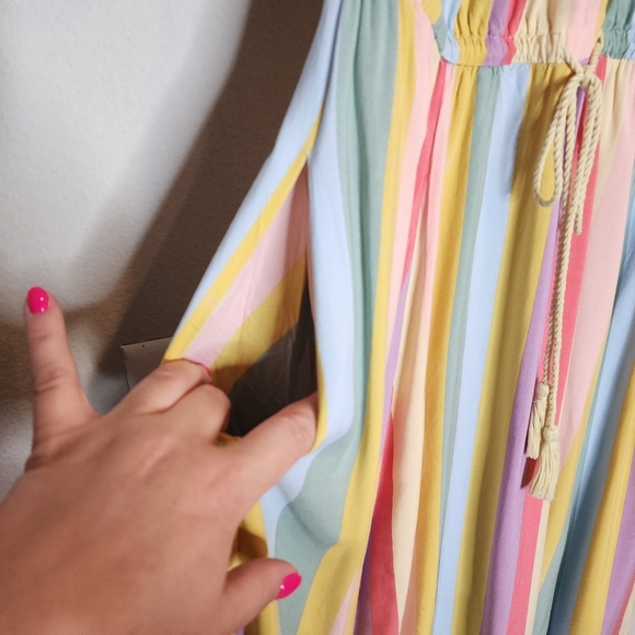 Torrid Midi Challis Off-Shoulder Dress Rainbow Stripe Stretch Size 0 Lrg pockets - Picture 2 of 16